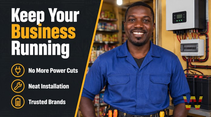 I will install power backup systems for clinics, saloons, and shops
