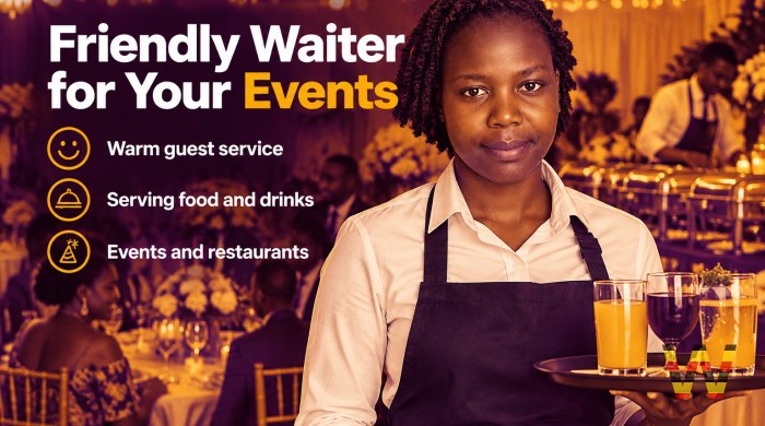 I will serve as a friendly waiter at your events and busy food places